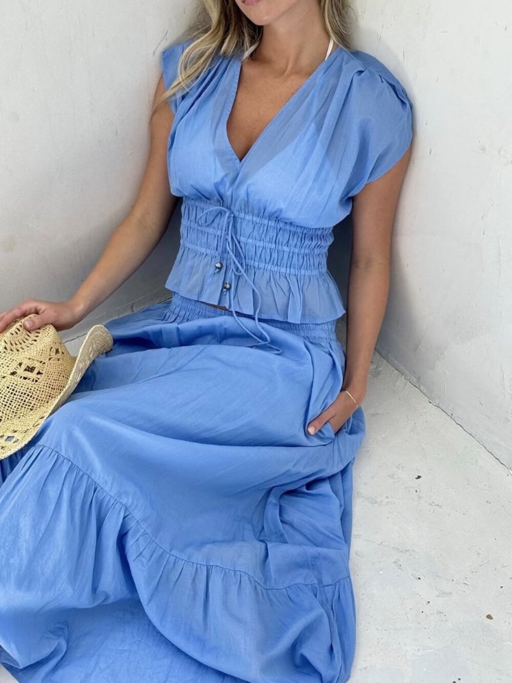 Elan Vicky Women's 2pcs Top & Skirt V-Neck Ruched Maxi, Blue, Top L, Skirt XS - Picture 3 of 16